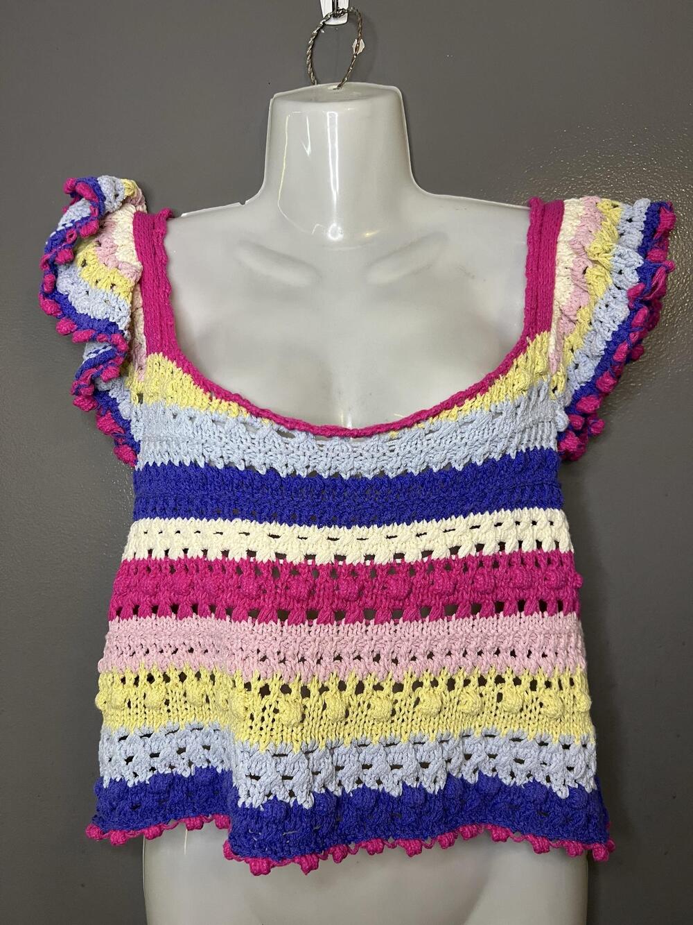 Zara Tank Top Womens Large Multicolor Crochet Stripe Ruffle Flutter Rainbow
